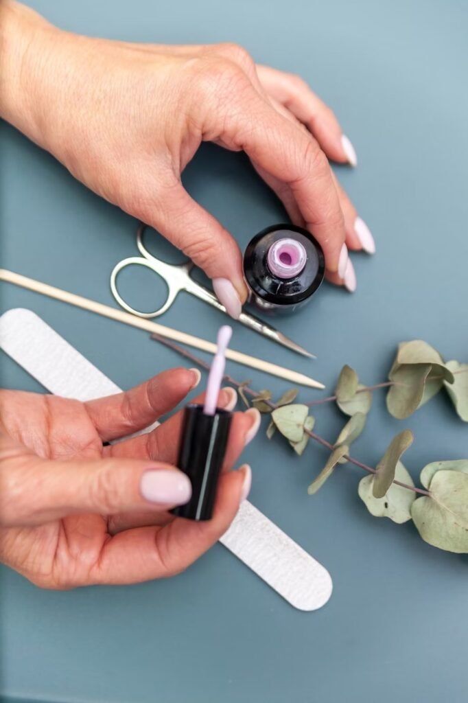 Gel polish, file, scissors, cuticle pusher